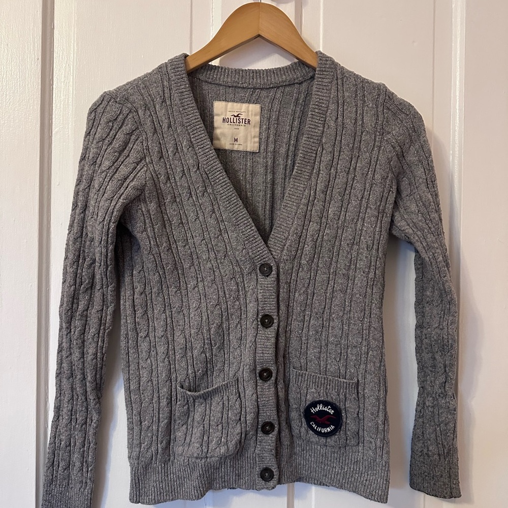 Y2k Hollister Women's Charcoal Cable Knit Cardigan- Rabbit Fur Blend